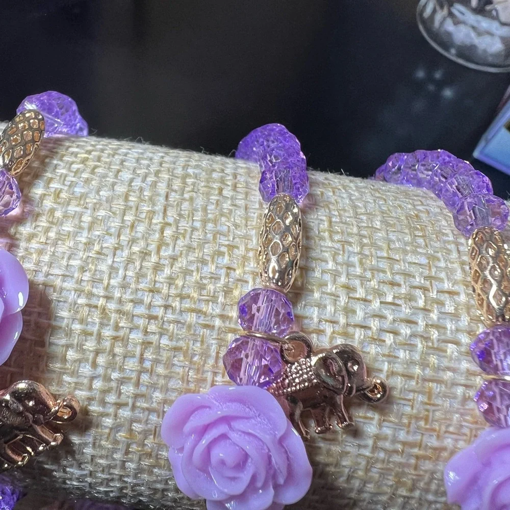 LOT of 10 New Purple Rose and Gold Elephant Stretch Bracelets FREE SHIPPING - Picture 3 of 4